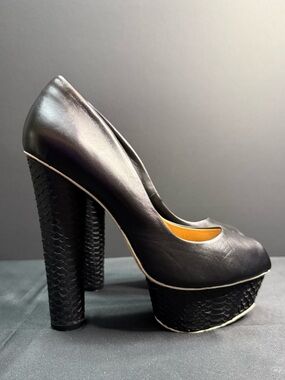 LAMB Black Leather Platform Snake Ultra High Heel Peep Toe Pump